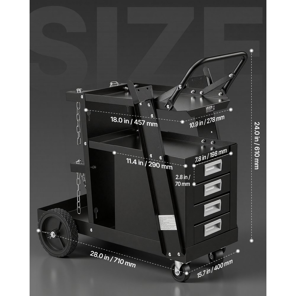VEVOR Welding Cart, 2-Tier 4 Drawers Welder Cart with 120.2 kg Weight Capacity, 360° Swivel Wheels, Tank Storage Safety Chains, Heavy Duty Rolling MIG Welder Cart for Mig Welder and Plasma Cutter
