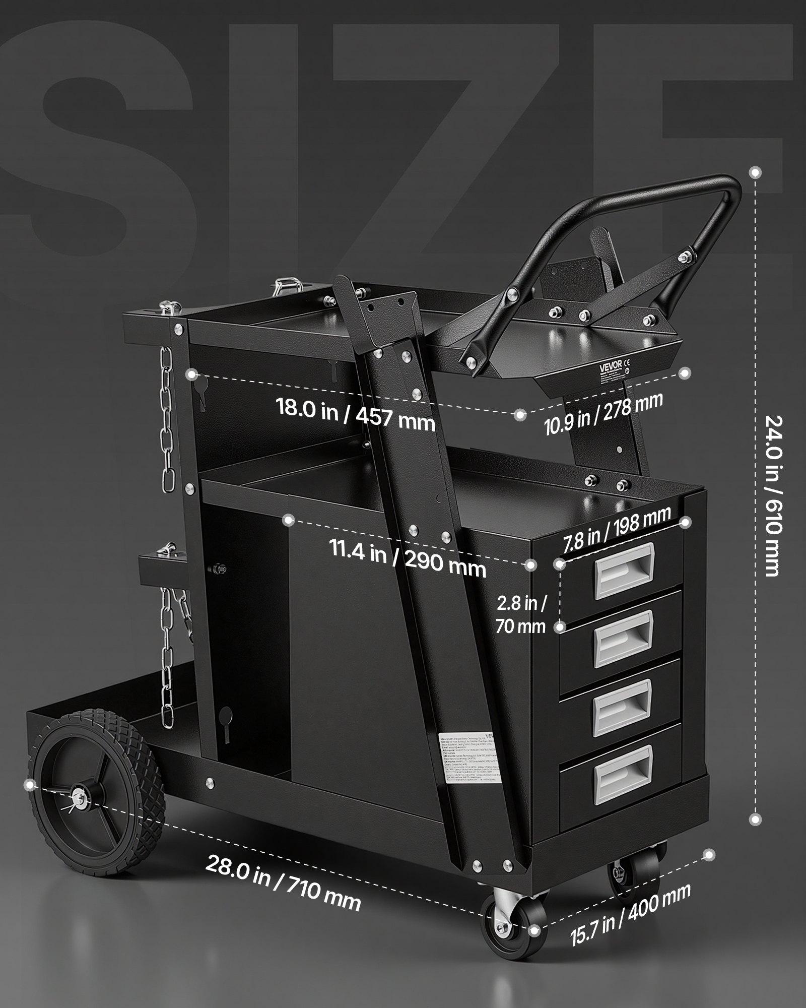 VEVOR Welding Cart, 2-Tier 4 Drawers Welder Cart with 120.2 kg Weight Capacity, 360° Swivel Wheels, Tank Storage Safety Chains, Heavy Duty Rolling MIG Welder Cart for Mig Welder and Plasma Cutter