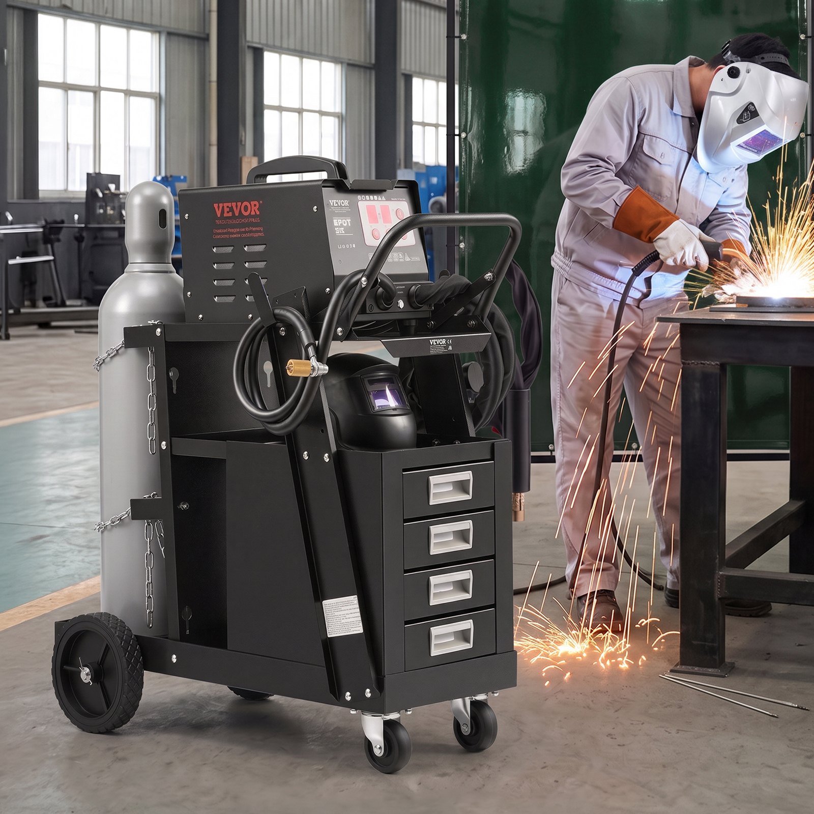 VEVOR Welding Cart, 2-Tier 4 Drawers Welder Cart with 120.2 kg Weight Capacity, 360° Swivel Wheels, Tank Storage Safety Chains, Heavy Duty Rolling MIG Welder Cart for Mig Welder and Plasma Cutter