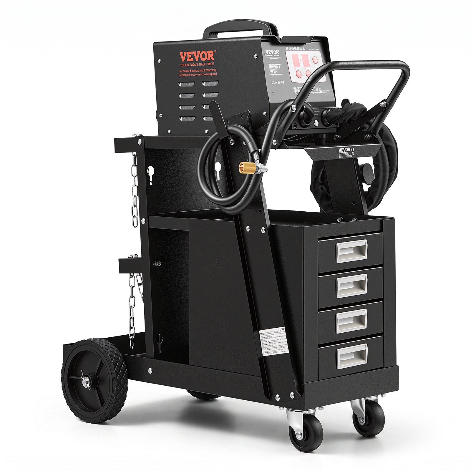 VEVOR Welding Cart, 2-Tier 4 Drawers Welder Cart with 120.2 kg Weight Capacity, 360° Swivel Wheels, Tank Storage Safety Chains, Heavy Duty Rolling MIG Welder Cart for Mig Welder and Plasma Cutter