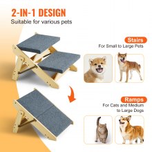 VEVOR Wood Pet Stairs/Pet Steps, 2-in-1 Foldable Wooden Dog Stair for Beds, Sofa and Cars, Dog Stairs & Ramp with 2 Steps for Small Medium Large Pet, up to 110 lbs
