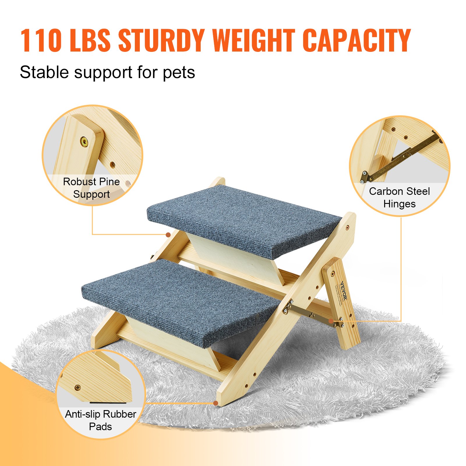 VEVOR Wooden Pet Stairs/Pet Step with 2 Steps 2-in-1 Foldable Dog Stair 50 kg