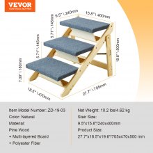 VEVOR Wood Pet Stairs/Pet Steps, 2-in-1 Foldable Wooden Dog Stair for Beds, Sofa and Cars, Dog Stairs & Ramp with 3 Steps for Small Medium Large Pet, up to 150 lbs