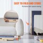 VEVOR wood pet stairs, easy to fold and store, shown beside a white sofa and a small plush toy on the floor.