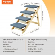 VEVOR Wood Pet Stairs/Pet Steps, 2-in-1 Foldable Wooden Dog Stair for Beds, Sofa and Cars, Dog Stairs & Ramp with 4 Steps for Small Medium Large Pet, up to 150 lbs