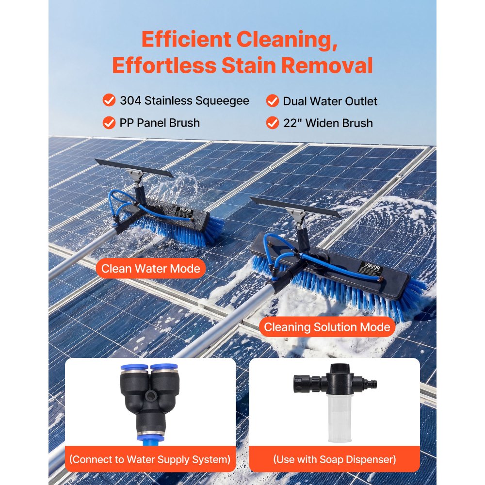 VEVOR Solar Panel Cleaning Kit, 4.6 m, Water Fed Pole Kit with Cleaning Brush, Squeegee, Soap Dispenser, Extendable Aluminum Telescopic Pole, 180° Rotatable Brush Head, for Roof Mounted Solar Panels
