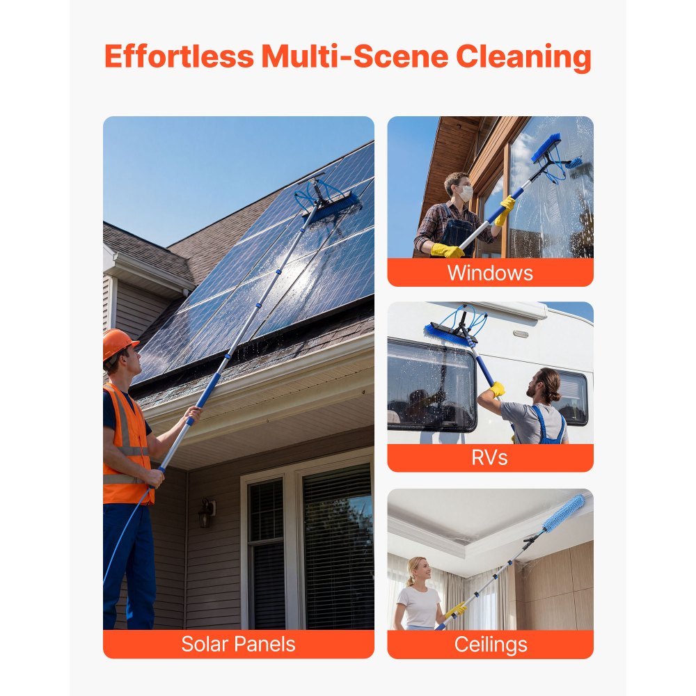 VEVOR Solar Panel Cleaning Kit, 4.6 m, Water Fed Pole Kit with Cleaning Brush, Squeegee, Soap Dispenser, Extendable Aluminum Telescopic Pole, 180° Rotatable Brush Head, for Roof Mounted Solar Panels