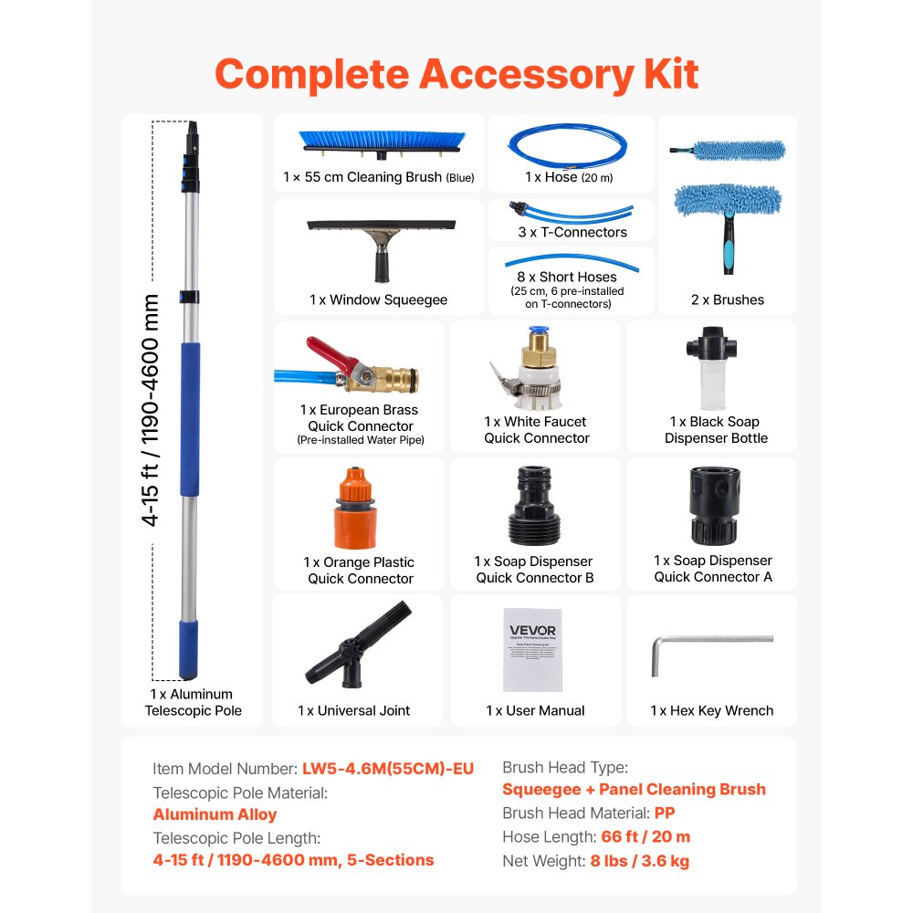 VEVOR Solar Panel Cleaning Kit, 4.6 m, Water Fed Pole Kit with Cleaning Brush, Squeegee, Soap Dispenser, Extendable Aluminum Telescopic Pole, 180° Rotatable Brush Head, for Roof Mounted Solar Panels
