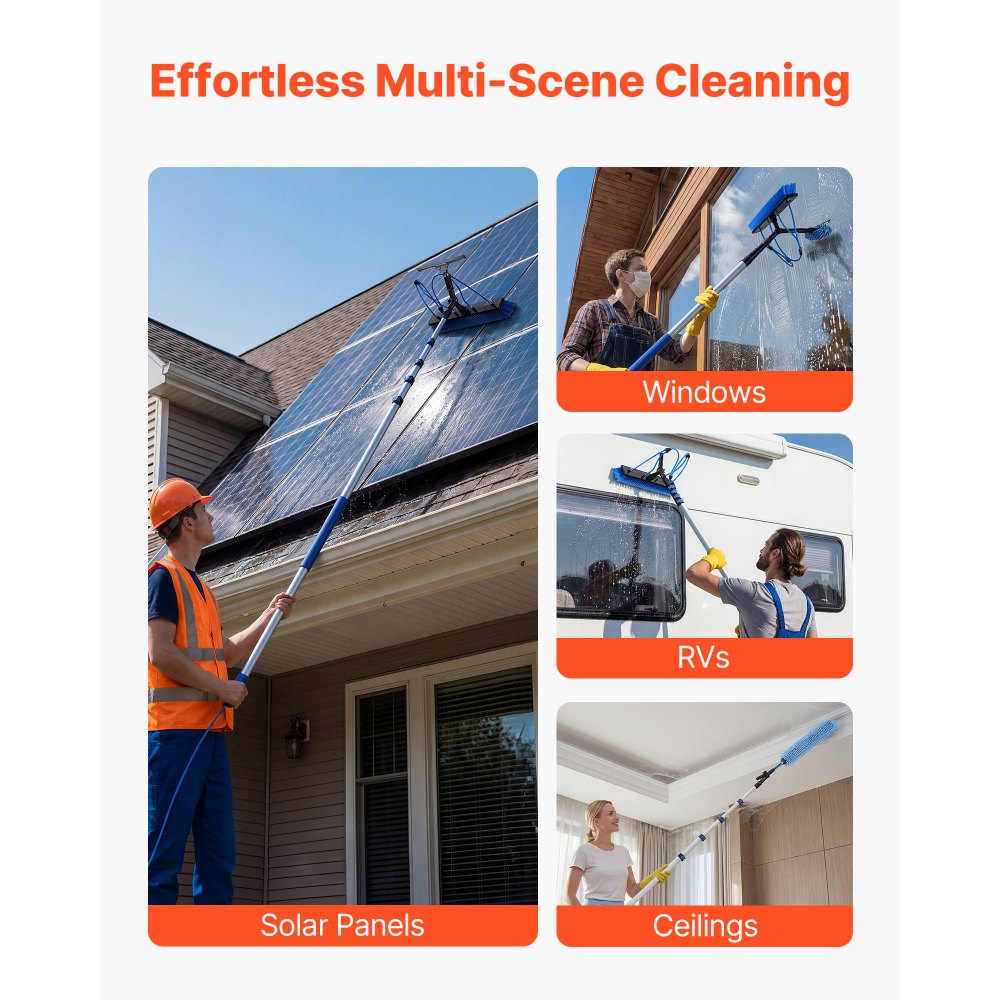 VEVOR Solar Panel Cleaning Kit, 7.99 m, Water Fed Pole Kit with Cleaning Brush, Squeegee, Soap Dispenser, Extendable Aluminum Telescopic Pole, 180° Rotatable Brush Head, for Roof Mounted Solar Panels