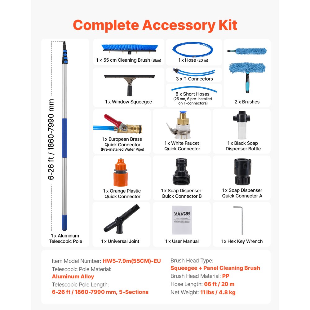 VEVOR Solar Panel Cleaning Kit, 7.99 m, Water Fed Pole Kit with Cleaning Brush, Squeegee, Soap Dispenser, Extendable Aluminum Telescopic Pole, 180° Rotatable Brush Head, for Roof Mounted Solar Panels