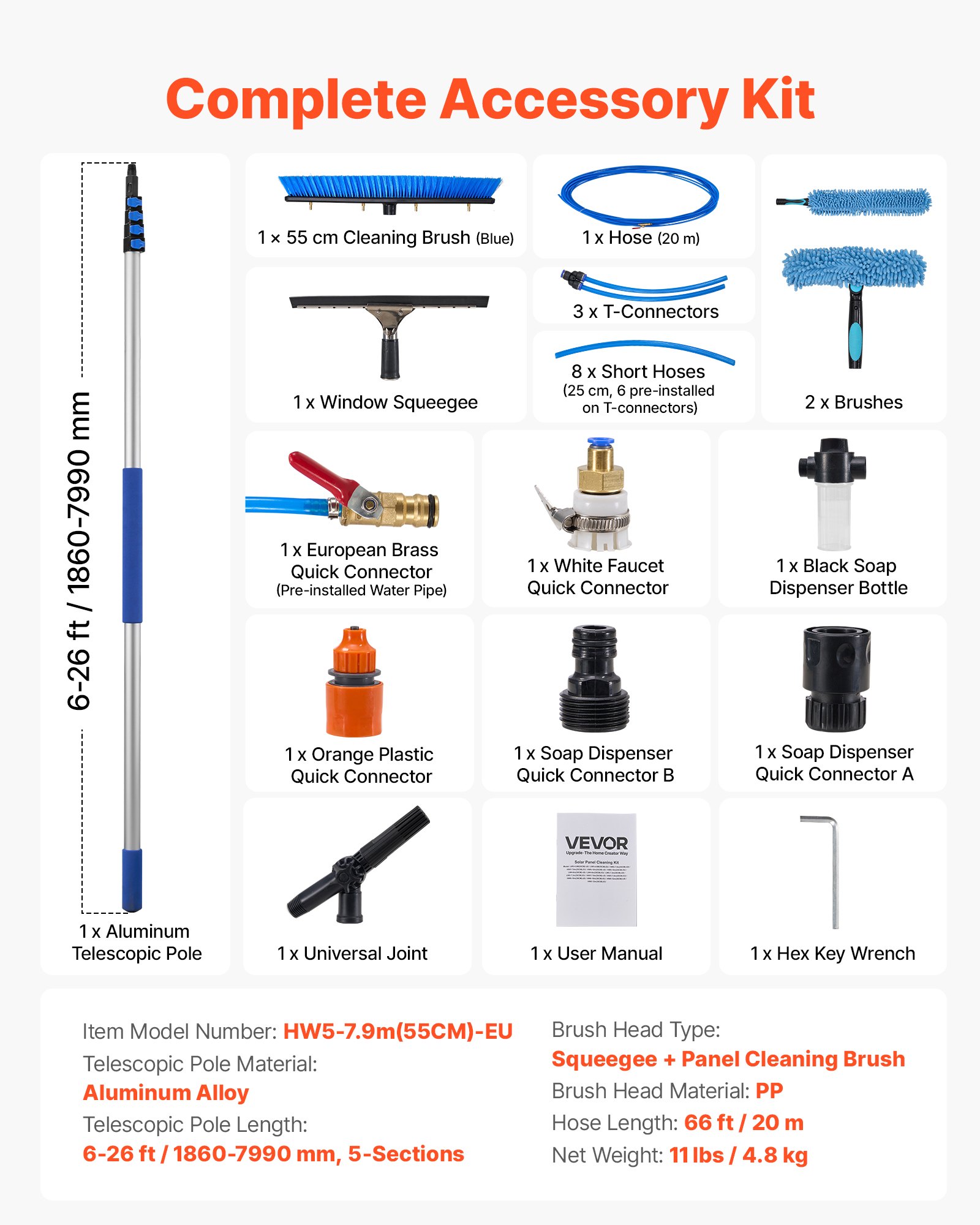VEVOR Solar Panel Cleaning Kit, 7.99 m, Water Fed Pole Kit with Cleaning Brush, Squeegee, Soap Dispenser, Extendable Aluminum Telescopic Pole, 180° Rotatable Brush Head, for Roof Mounted Solar Panels