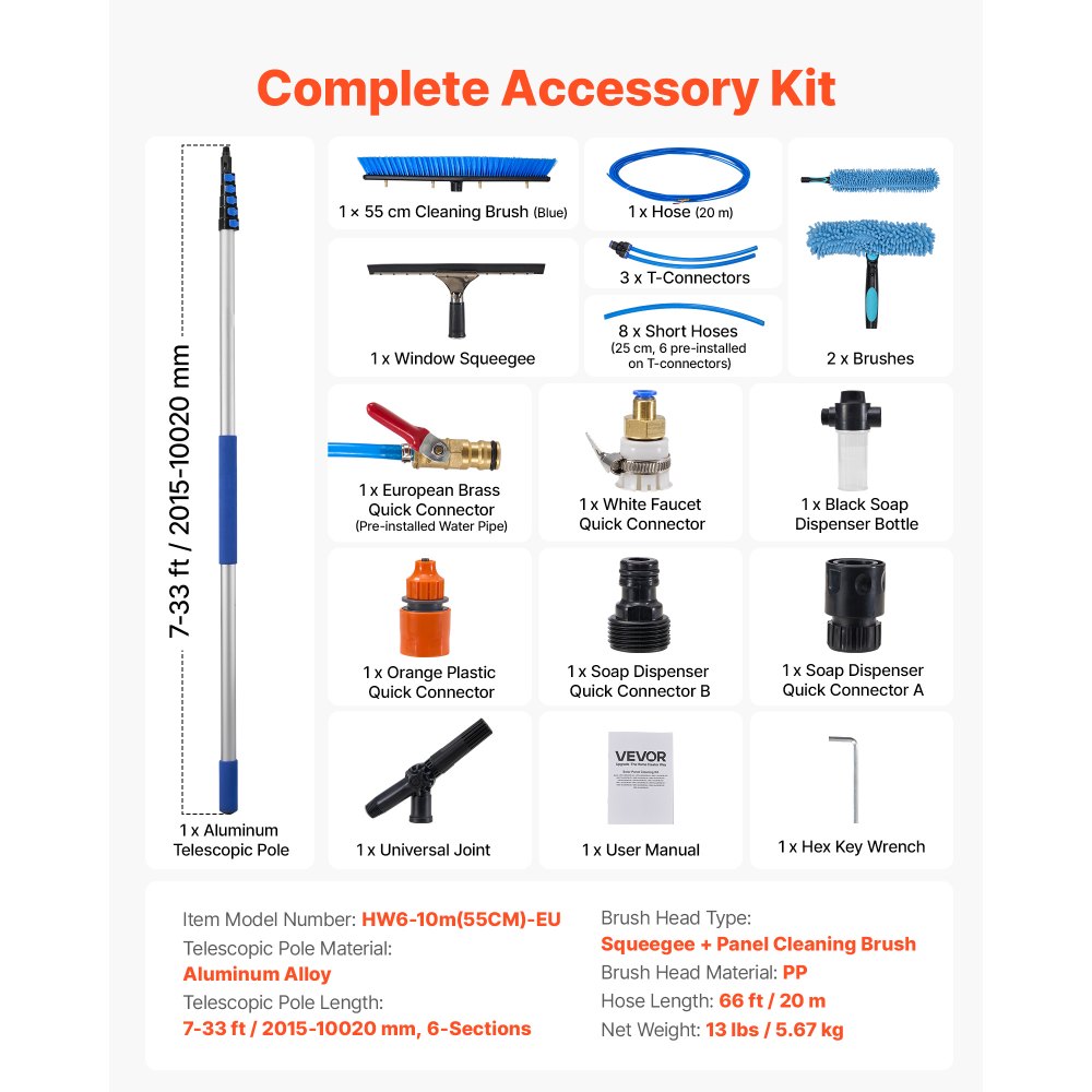VEVOR Solar Panel Cleaning Kit, 10.02m, Water Fed Pole Kit with Cleaning Brush, Squeegee, Soap Dispenser, Extendable Aluminum Telescopic Pole, 180° Rotatable Brush Head, for Roof Mounted Solar Panels