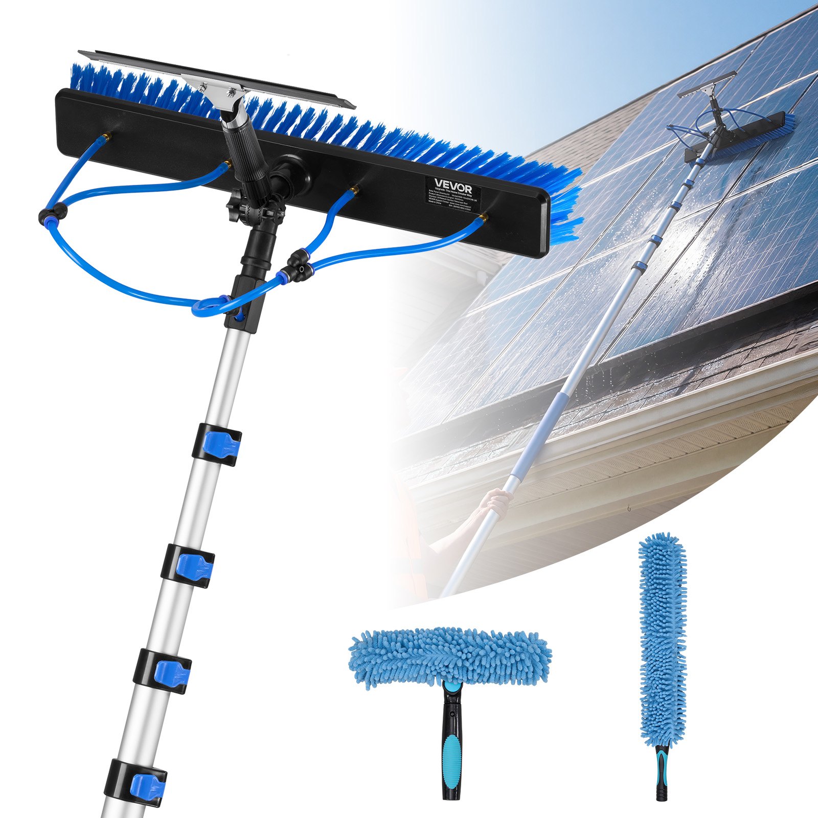 VEVOR Solar Panel Cleaning Kit, 10.02m, Water Fed Pole Kit with Cleaning Brush, Squeegee, Soap Dispenser, Extendable Aluminum Telescopic Pole, 180° Rotatable Brush Head, for Roof Mounted Solar Panels