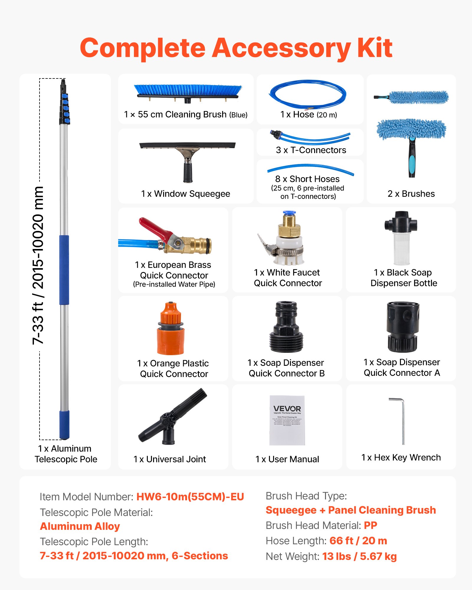 VEVOR Solar Panel Cleaning Kit, 10.02m, Water Fed Pole Kit with Cleaning Brush, Squeegee, Soap Dispenser, Extendable Aluminum Telescopic Pole, 180° Rotatable Brush Head, for Roof Mounted Solar Panels