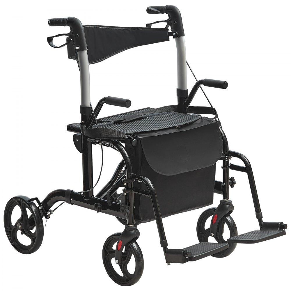 VEVOR 2 σε 1 Rollator Walker & Transport Chair για ηλικιωμένους, Αναδιπλούμενο Rolling Walker Combo & Footrests, Ελαφρύς περιπατητής κινητικότητας αλουμινίου με ρυθμιζόμενη λαβή, τροχοί παντός εδάφους, 300LBS
