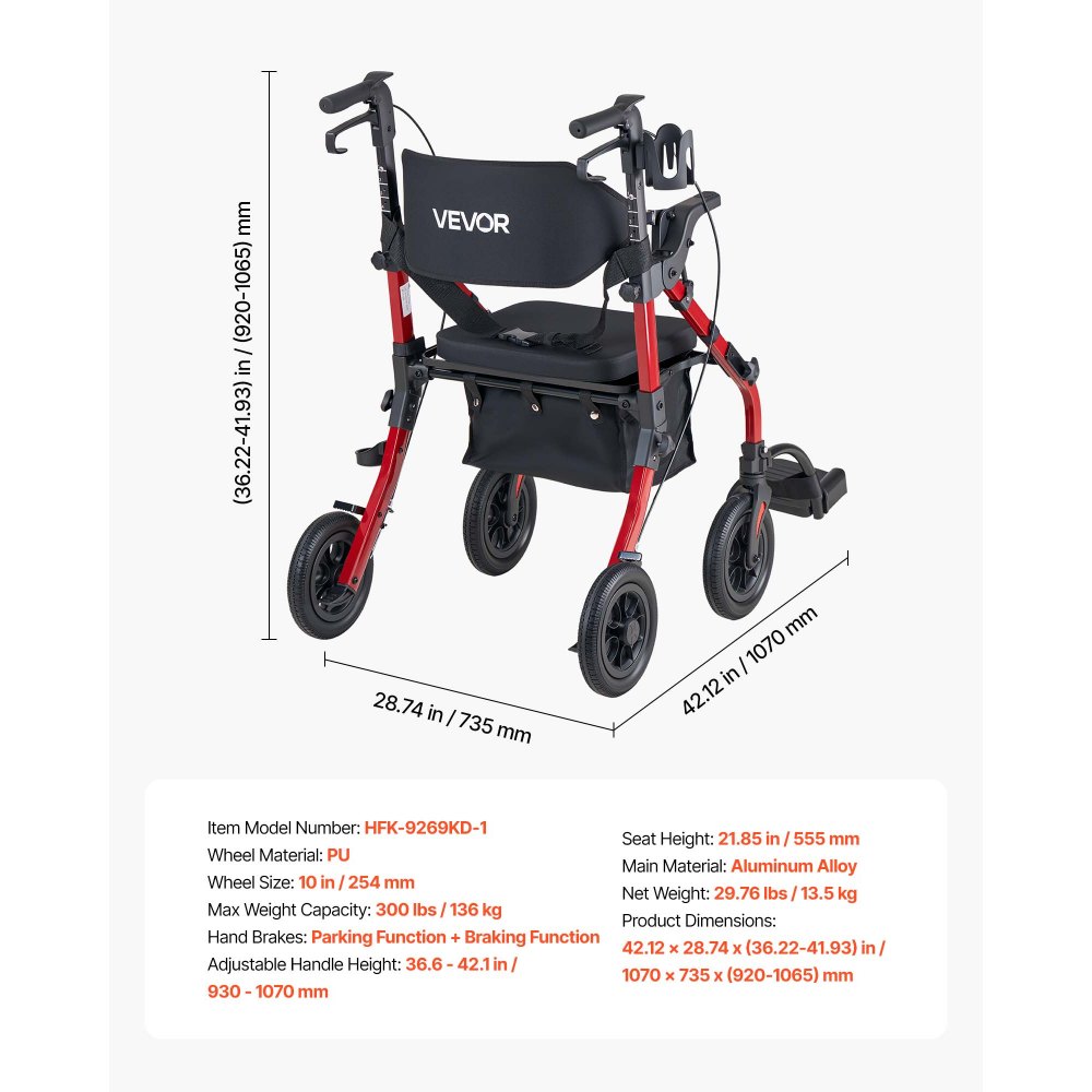 VEVOR 2-in-1 Rollator Walker & Transport Chair for Seniors, Foldable Rolling Walker Wheelchair, Lightweight Aluminum Mobility Walking Aid with Solid PU Wheels, Cup & Cane Holder - Supports 136kg