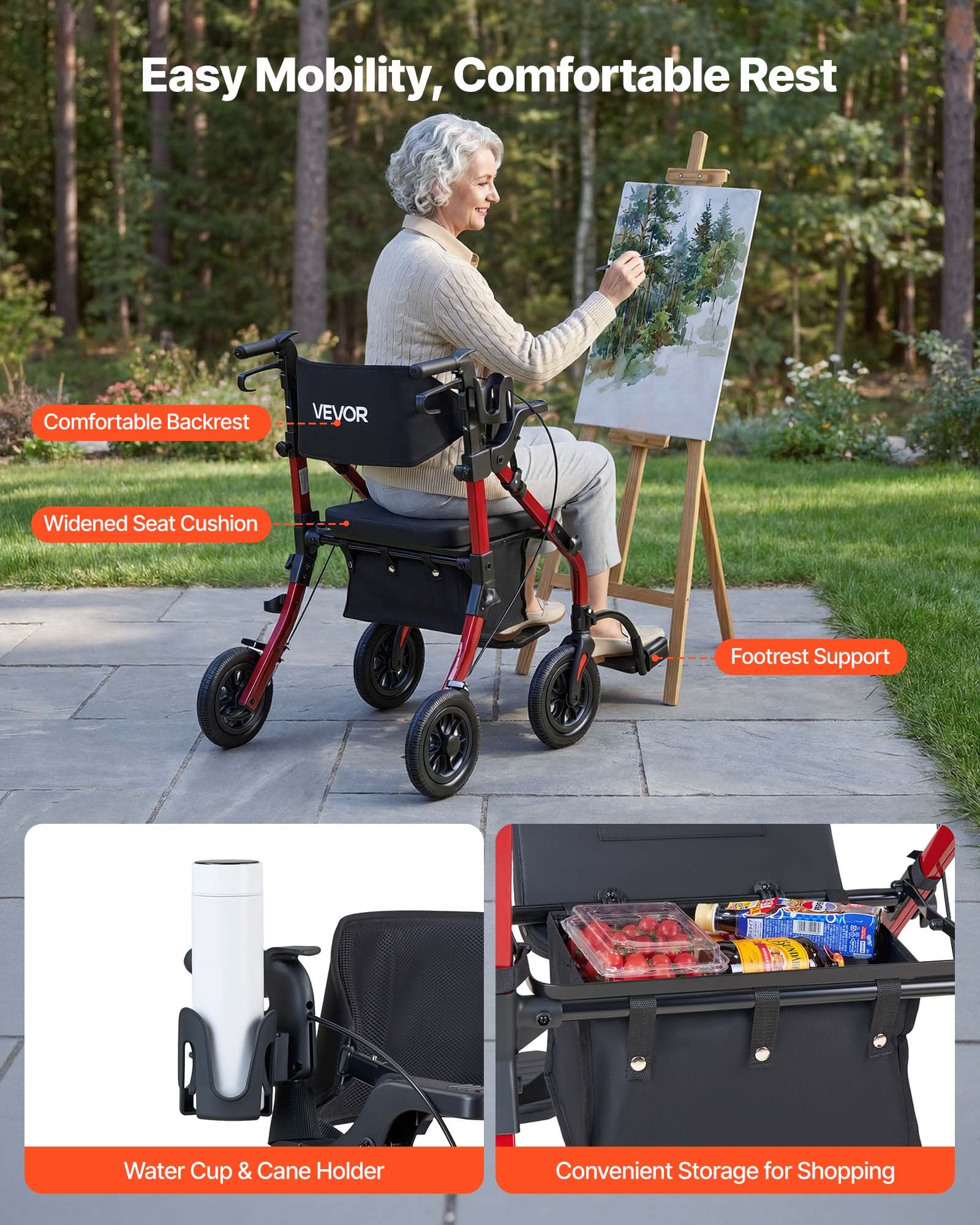 VEVOR 2-in-1 Rollator Walker & Transport Chair for Seniors, Foldable Rolling Walker Wheelchair, Lightweight Aluminum Mobility Walking Aid with Solid PU Wheels, Cup & Cane Holder - Supports 136kg