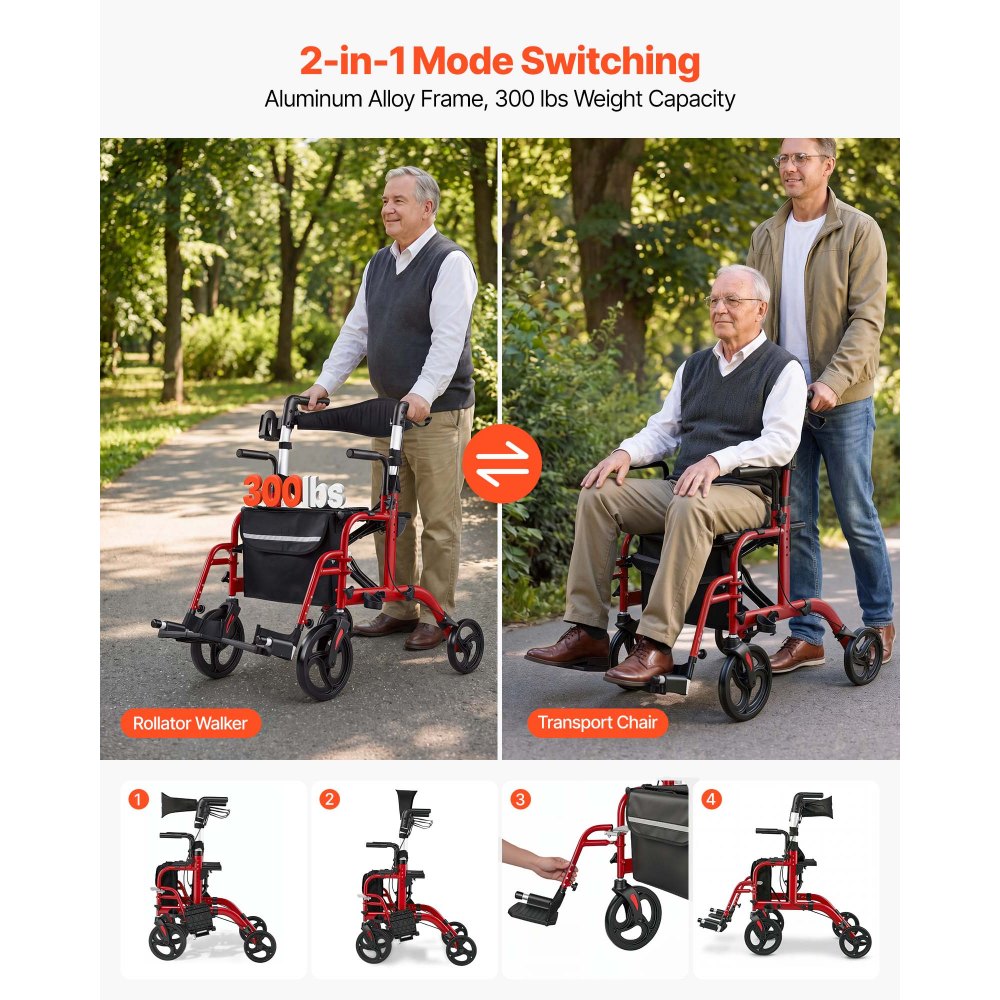 VEVOR 2-in-1 Rollator Walker & Transport Chair for Seniors, Foldable Rolling Walker Wheelchair, Lightweight Aluminum Mobility Walking Aid with Solid PVC Wheels, Cup & Cane Holder - Supports 136kg