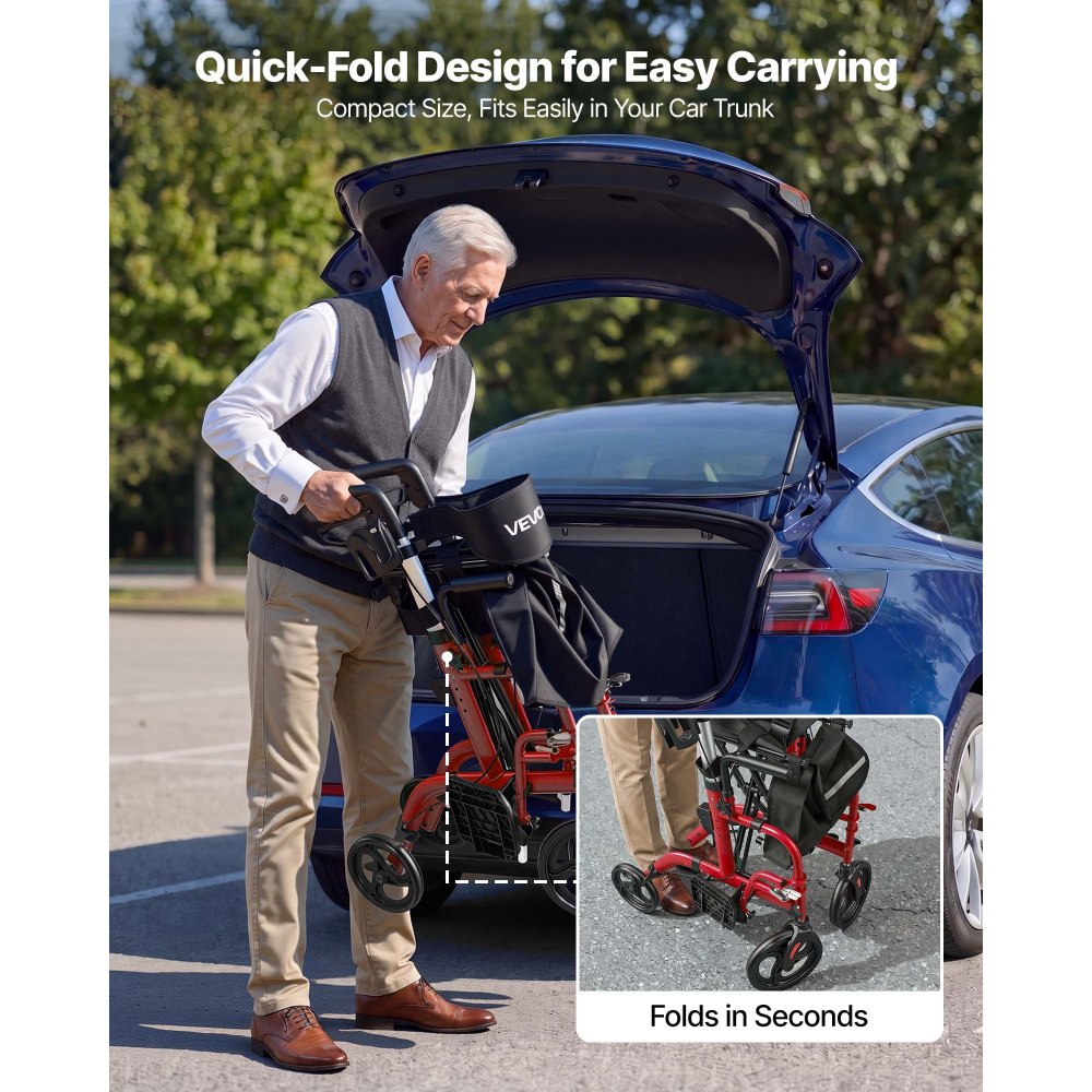 VEVOR 2-in-1 Rollator Walker & Transport Chair for Seniors, Foldable Rolling Walker Wheelchair, Lightweight Aluminum Mobility Walking Aid with Solid PVC Wheels, Cup & Cane Holder - Supports 136kg
