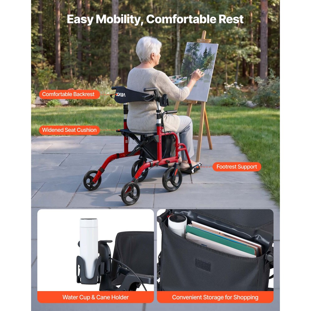 VEVOR 2-in-1 Rollator Walker & Transport Chair for Seniors, Foldable Rolling Walker Wheelchair, Lightweight Aluminum Mobility Walking Aid with Solid PVC Wheels, Cup & Cane Holder - Supports 136kg