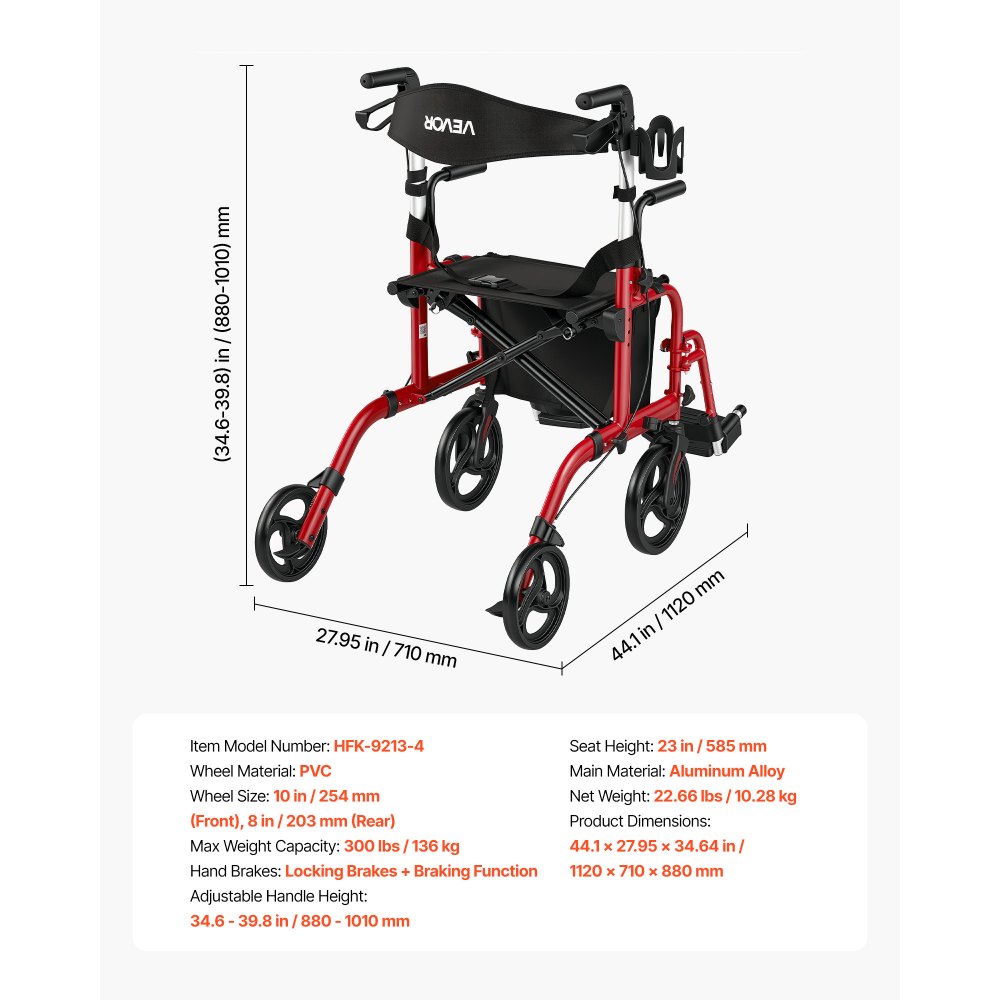 VEVOR 2-in-1 Rollator Walker & Transport Chair for Seniors, Foldable Rolling Walker Wheelchair, Lightweight Aluminum Mobility Walking Aid with Solid PVC Wheels, Cup & Cane Holder - Supports 136kg