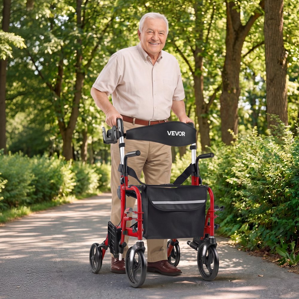 VEVOR 2-in-1 Rollator Walker & Transport Chair for Seniors, Foldable Rolling Walker Wheelchair, Lightweight Aluminum Mobility Walking Aid with Solid PVC Wheels, Cup & Cane Holder - Supports 136kg