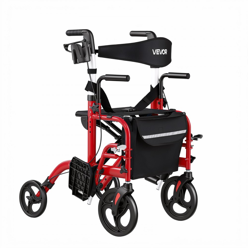 VEVOR 2-in-1 Rollator Walker & Transport Chair for Seniors, Foldable Rolling Walker Wheelchair, Lightweight Aluminum Mobility Walking Aid with Solid PVC Wheels, Cup & Cane Holder - Supports 136kg