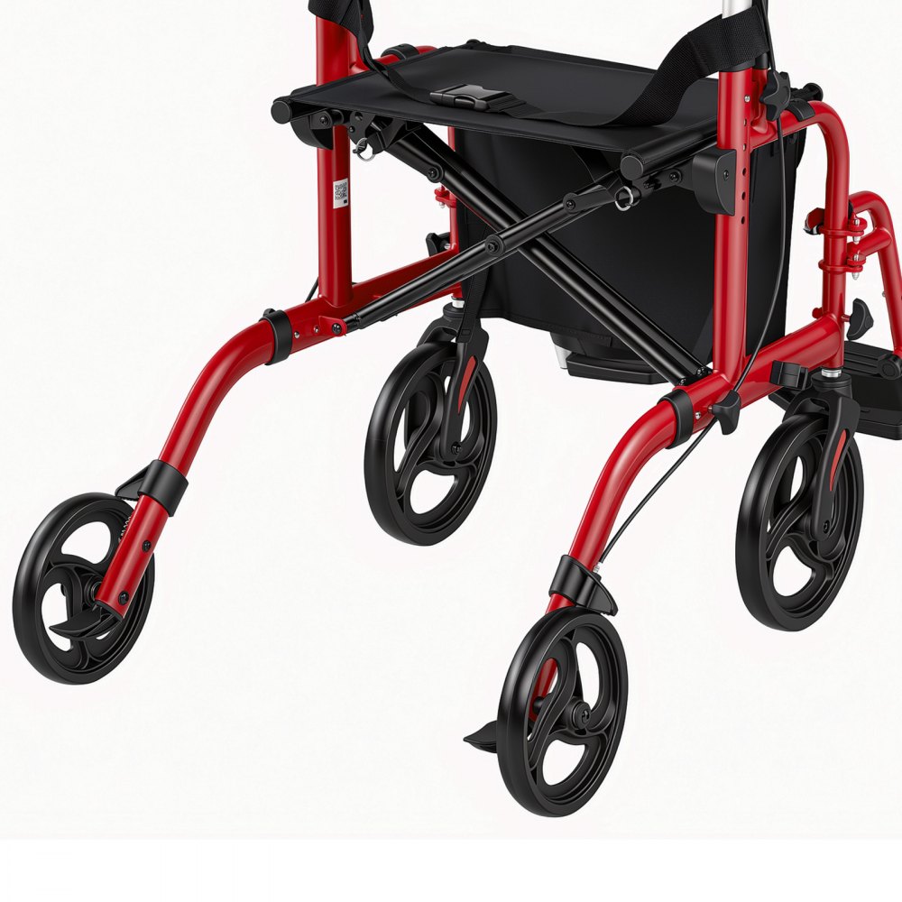 VEVOR 2-in-1 Rollator Walker & Transport Chair for Seniors, Foldable Rolling Walker Wheelchair, Lightweight Aluminum Mobility Walking Aid with Solid PVC Wheels, Cup & Cane Holder - Supports 136kg