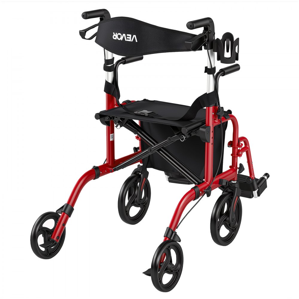 VEVOR 2-in-1 Rollator Walker & Transport Chair for Seniors, Foldable Rolling Walker Wheelchair, Lightweight Aluminum Mobility Walking Aid with Solid PVC Wheels, Cup & Cane Holder - Supports 136kg