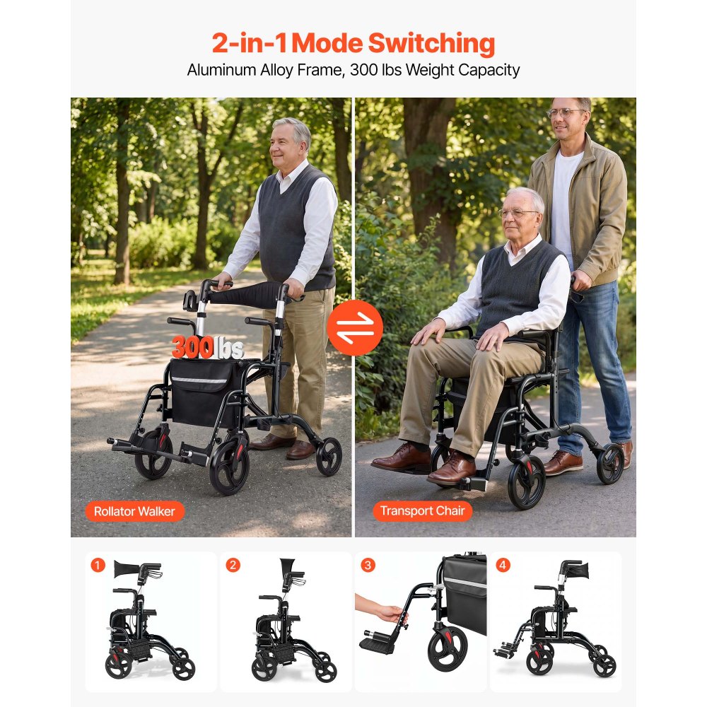 VEVOR 2-in-1 Rollator Walker & Transport Chair for Seniors, Foldable Rolling Walker Wheelchair, Lightweight Aluminum Mobility Walking Aid with Solid PVC Wheels, Cup & Cane Holder - Supports 136kg