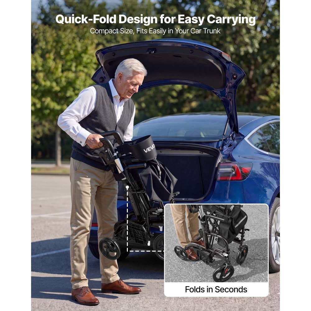 VEVOR 2-in-1 Rollator Walker & Transport Chair for Seniors, Foldable Rolling Walker Wheelchair, Lightweight Aluminum Mobility Walking Aid with Solid PVC Wheels, Cup & Cane Holder - Supports 136kg