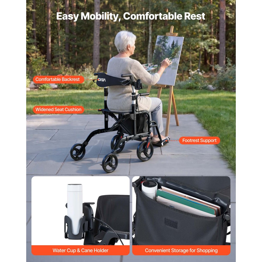 VEVOR 2-in-1 Rollator Walker & Transport Chair for Seniors, Foldable Rolling Walker Wheelchair, Lightweight Aluminum Mobility Walking Aid with Solid PVC Wheels, Cup & Cane Holder - Supports 136kg