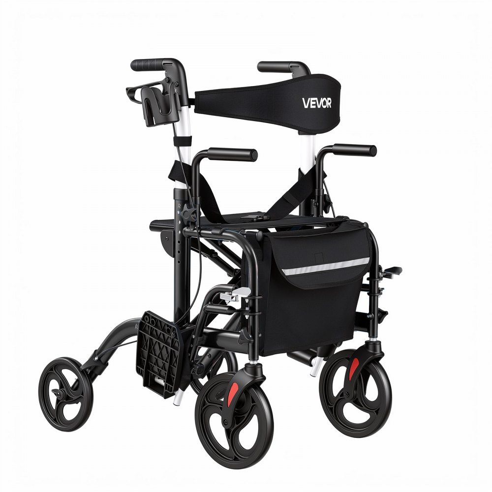 VEVOR 2-in-1 Rollator Walker & Transport Chair for Seniors, Foldable Rolling Walker Wheelchair, Lightweight Aluminum Mobility Walking Aid with Solid PVC Wheels, Cup & Cane Holder - Supports 136kg