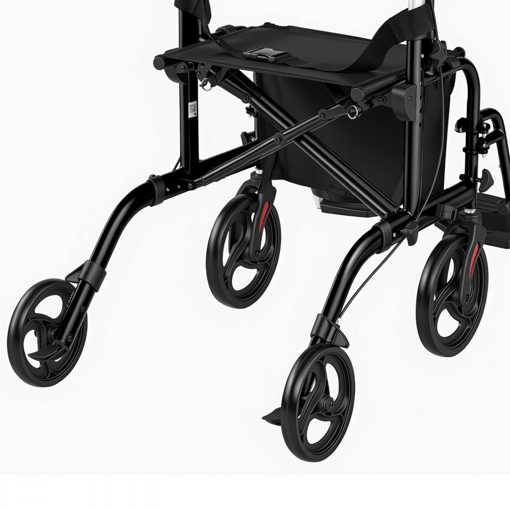 VEVOR 2-in-1 Rollator Walker & Transport Chair for Seniors, Foldable Rolling Walker Wheelchair, Lightweight Aluminum Mobility Walking Aid with Solid PVC Wheels, Cup & Cane Holder - Supports 136kg