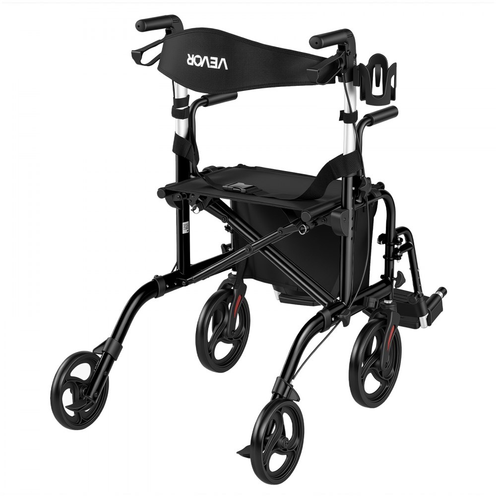 VEVOR 2-in-1 Rollator Walker & Transport Chair for Seniors, Foldable Rolling Walker Wheelchair, Lightweight Aluminum Mobility Walking Aid with Solid PVC Wheels, Cup & Cane Holder - Supports 136kg
