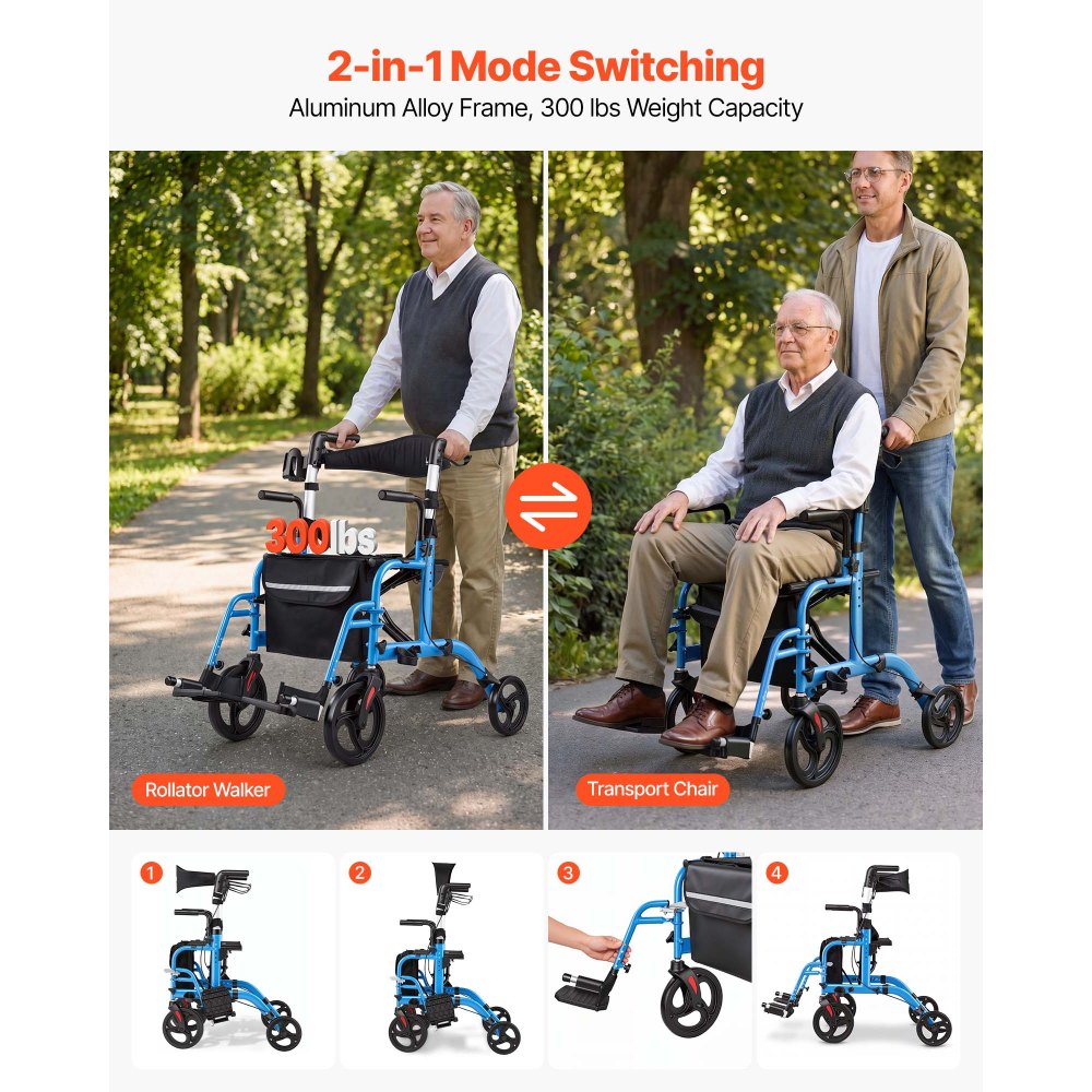 VEVOR 2-in-1 Rollator Walker & Transport Chair for Seniors, Foldable Rolling Walker Wheelchair, Lightweight Aluminum Mobility Walking Aid with Solid PVC Wheels, Cup & Cane Holder - Supports 136kg