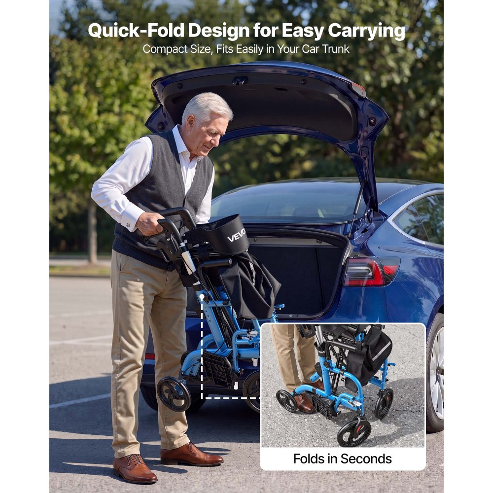 VEVOR 2-in-1 Rollator Walker & Transport Chair for Seniors, Foldable Rolling Walker Wheelchair, Lightweight Aluminum Mobility Walking Aid with Solid PVC Wheels, Cup & Cane Holder - Supports 136kg