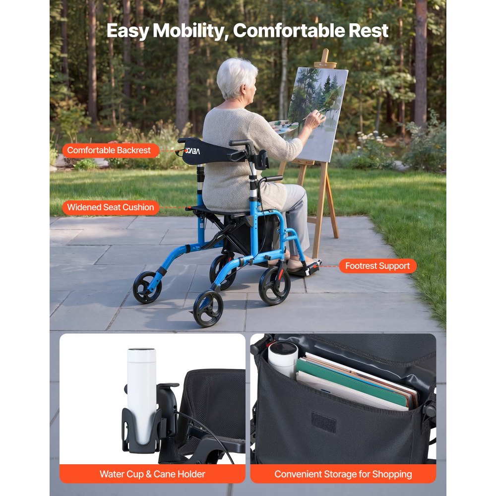 VEVOR 2-in-1 Rollator Walker & Transport Chair for Seniors, Foldable Rolling Walker Wheelchair, Lightweight Aluminum Mobility Walking Aid with Solid PVC Wheels, Cup & Cane Holder - Supports 136kg