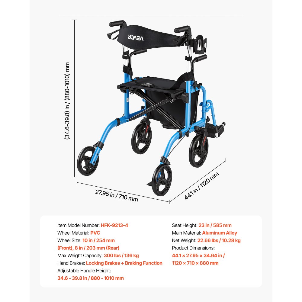VEVOR 2-in-1 Rollator Walker & Transport Chair for Seniors, Foldable Rolling Walker Wheelchair, Lightweight Aluminum Mobility Walking Aid with Solid PVC Wheels, Cup & Cane Holder - Supports 136kg