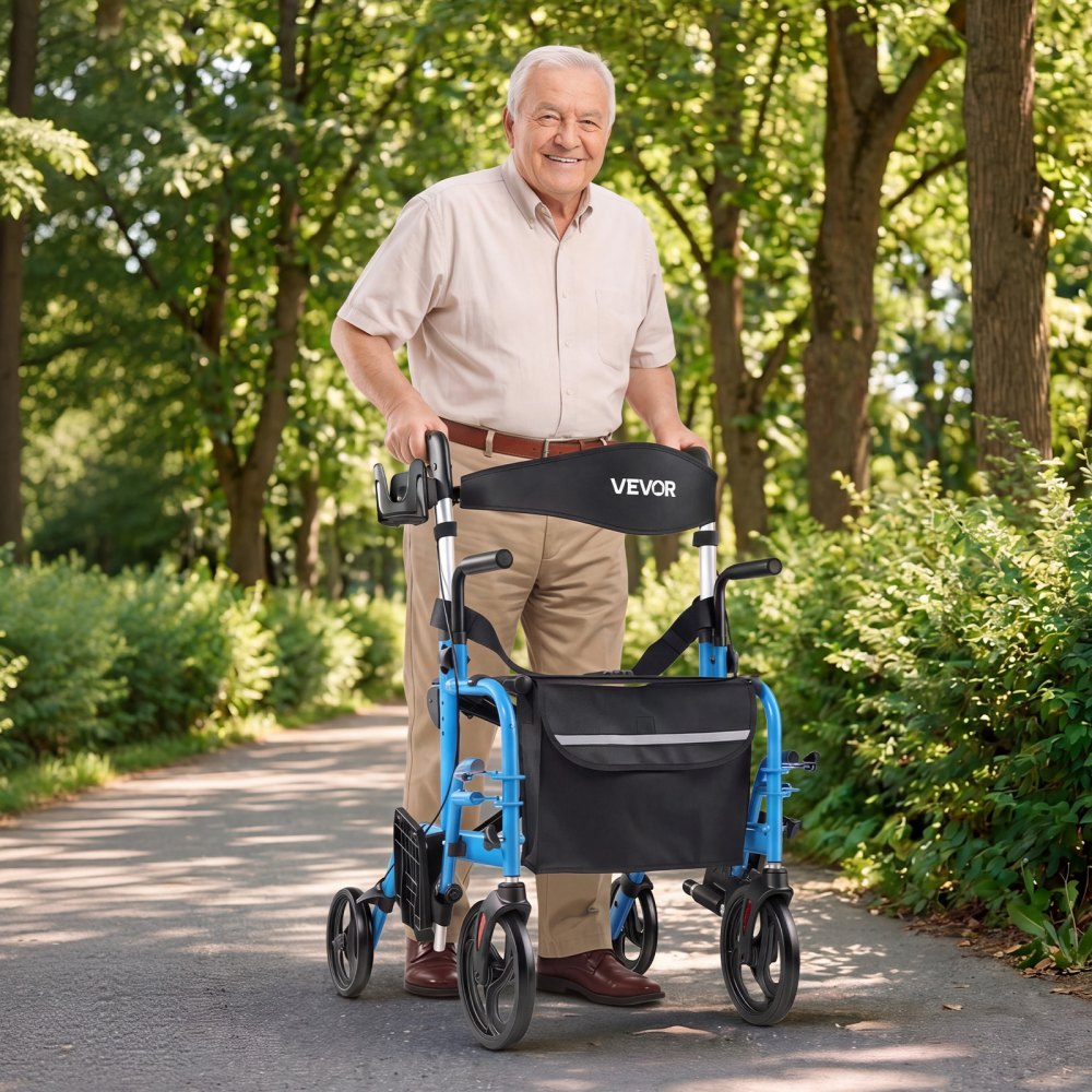 VEVOR 2-in-1 Rollator Walker & Transport Chair for Seniors, Foldable Rolling Walker Wheelchair, Lightweight Aluminum Mobility Walking Aid with Solid PVC Wheels, Cup & Cane Holder - Supports 136kg