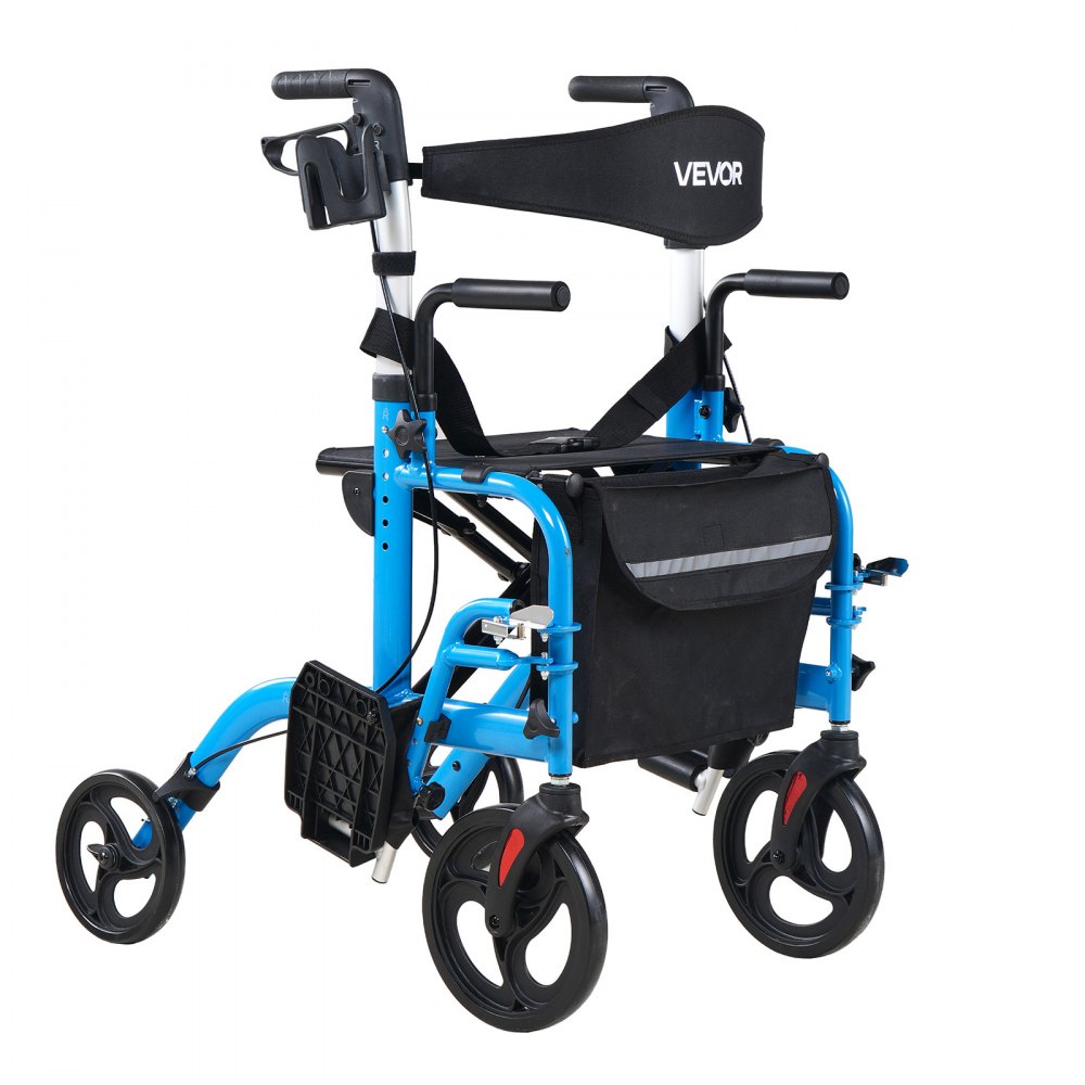 VEVOR 2-in-1 Rollator Walker & Transport Chair for Seniors, Foldable Rolling Walker Wheelchair, Lightweight Aluminum Mobility Walking Aid with Solid PVC Wheels, Cup & Cane Holder - Supports 136kg