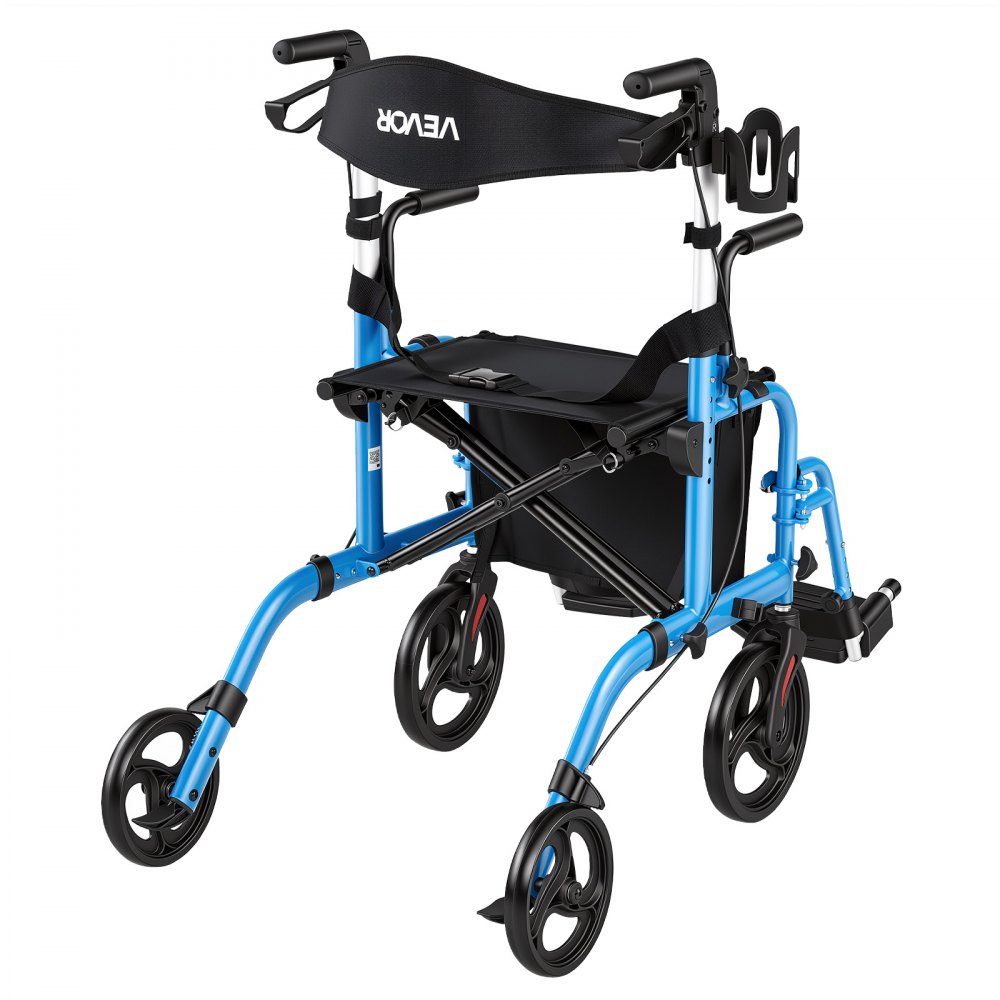 VEVOR 2-in-1 Rollator Walker & Transport Chair for Seniors, Foldable Rolling Walker Wheelchair, Lightweight Aluminum Mobility Walking Aid with Solid PVC Wheels, Cup & Cane Holder - Supports 136kg