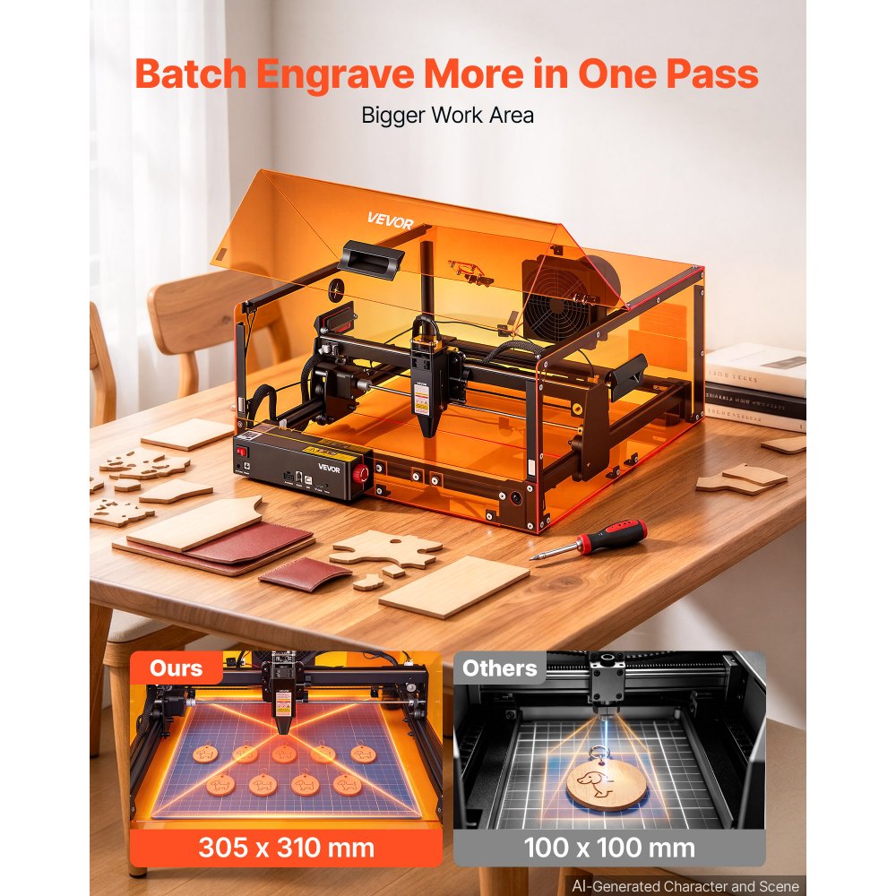 VEVOR Laser Engraver Machine 10W Fully Enclosed Laser Cutter Safety Class 1, for Pine Wood Acrylic, 305 mm x 310 mm Work Area, 36000 mm/min, 0.06 mm Fine Engraving Spot, Supports USB WiFi Connection