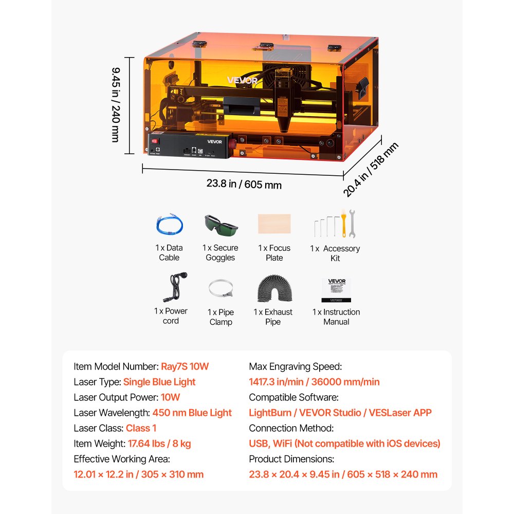 VEVOR Laser Engraver Machine 10W Fully Enclosed Laser Cutter Safety Class 1, for Pine Wood Acrylic, 305 mm x 310 mm Work Area, 36000 mm/min, 0.06 mm Fine Engraving Spot, Supports USB WiFi Connection