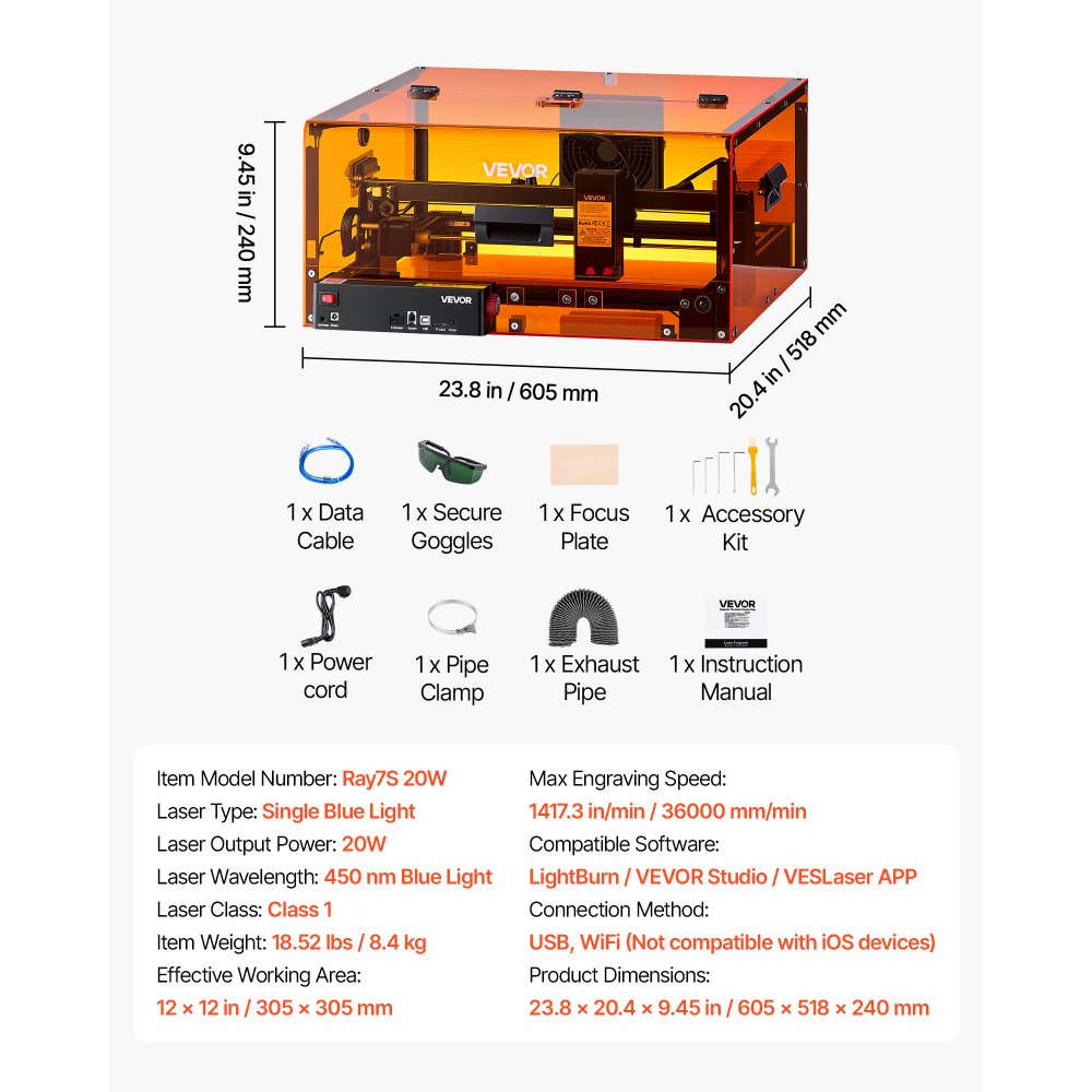 VEVOR Laser Engraver Machine 20W Fully Enclosed Laser Cutter Safety Class 1, for Pine Wood Black Acrylic, 305 x 305 mm Work Area, 36000 mm/min, 0.08 x 0.1 mm Fine Engraving Spot, USB WiFi Connection