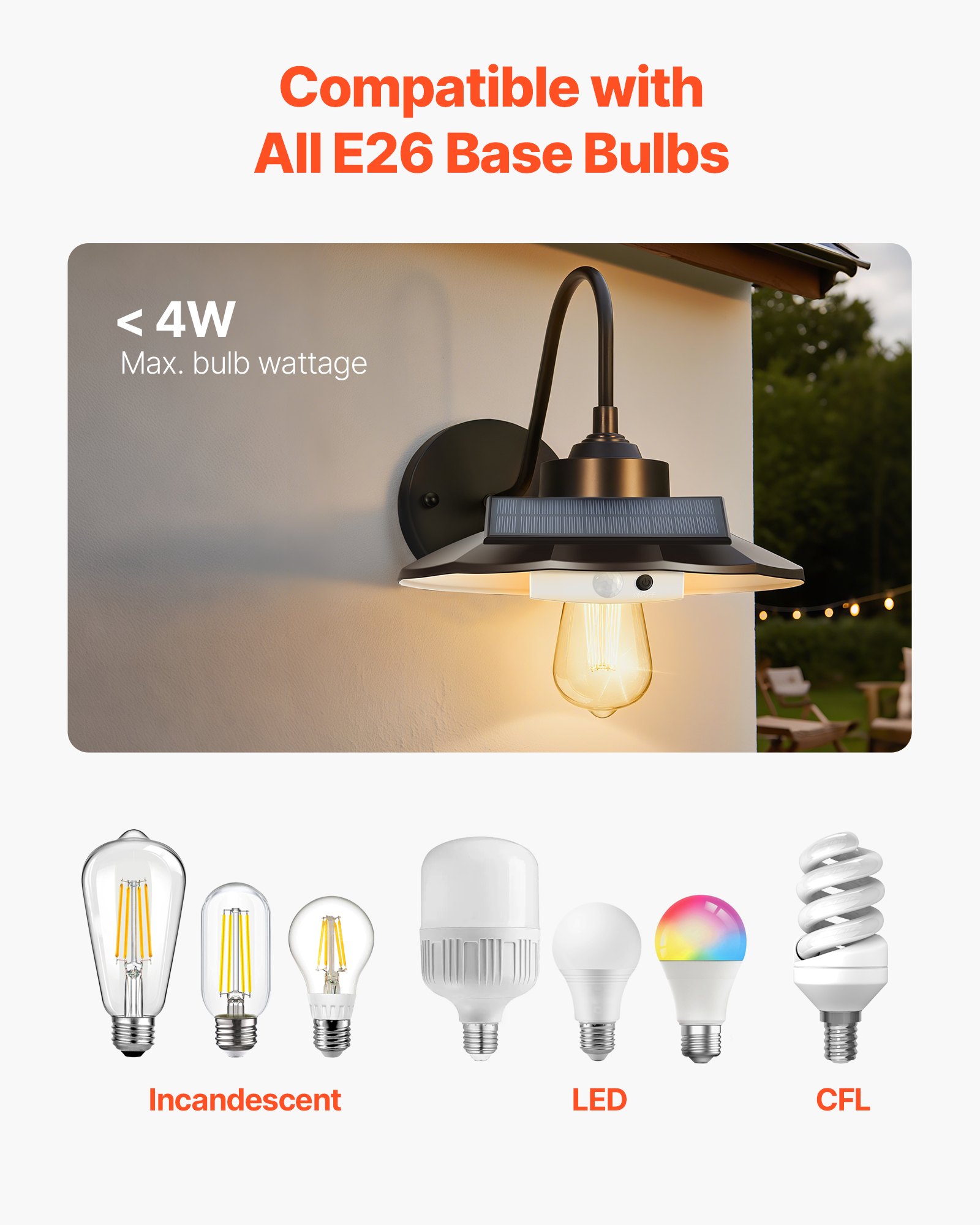 VEVOR Solar Outdoor Barn Light, 3 Lighting Modes and Motion Sensor, 1-Pack Gooseneck Light Fixture,Farmhouse Wall Sconce, with E26 Bulb Compatible, Waterproof for Porch, House, Entryway, Garage, Black