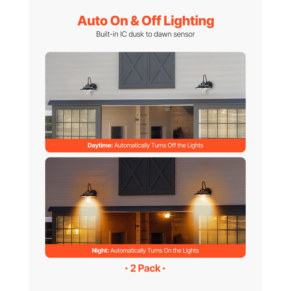VEVOR Solar Outdoor Barn Light, 3 Lighting Modes and Motion Sensor, 2-Pack Gooseneck Light Fixture, Farmhouse Wall Sconce, with E27 Bulb Compatible, Waterproof for Porch, House, Entryway, Garage, Black