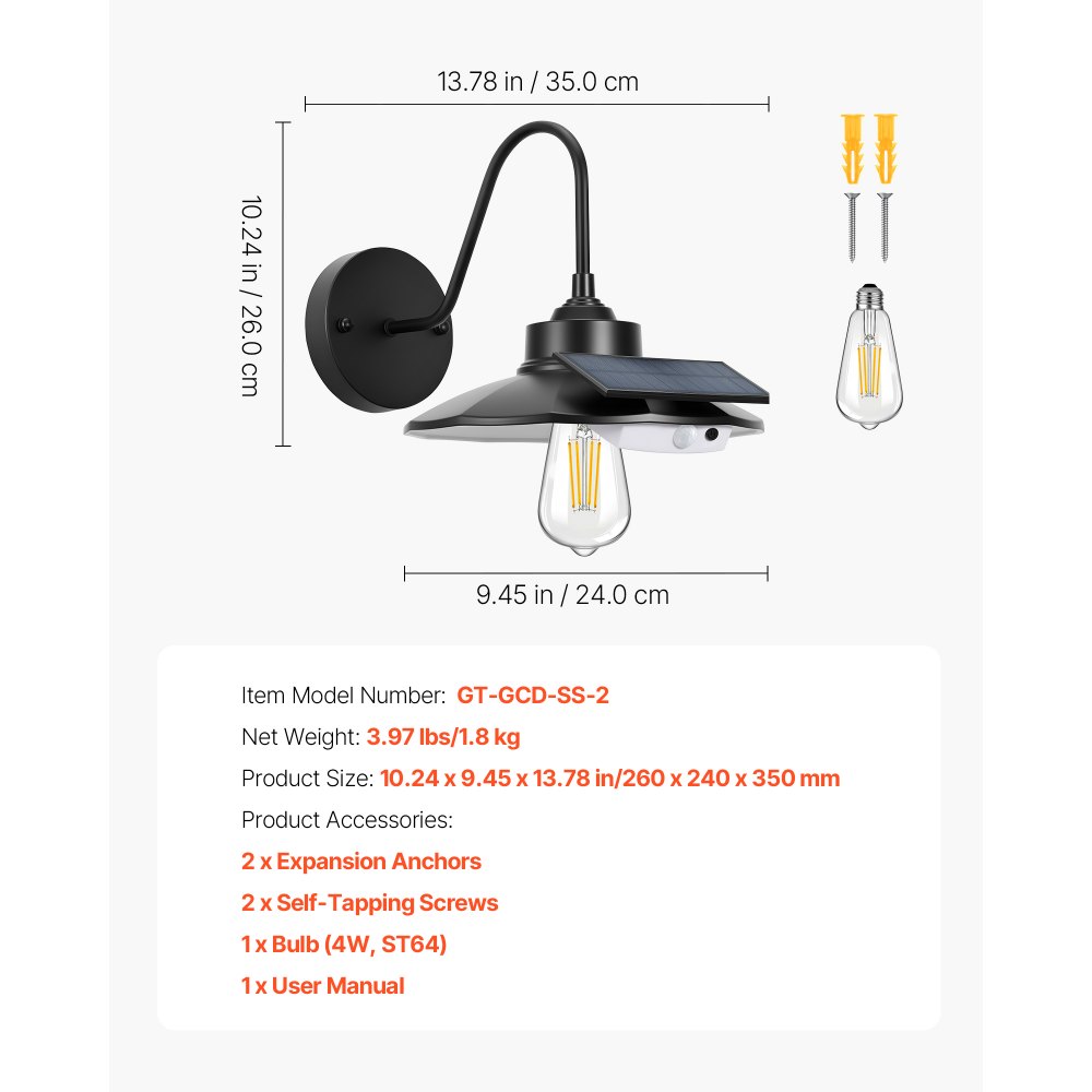 VEVOR Solar Outdoor Barn Light, 3 Lighting Modes and Motion Sensor, 2-Pack Gooseneck Light Fixture, Farmhouse Wall Sconce, with E27 Bulb Compatible, Waterproof for Porch, House, Entryway, Garage, Black