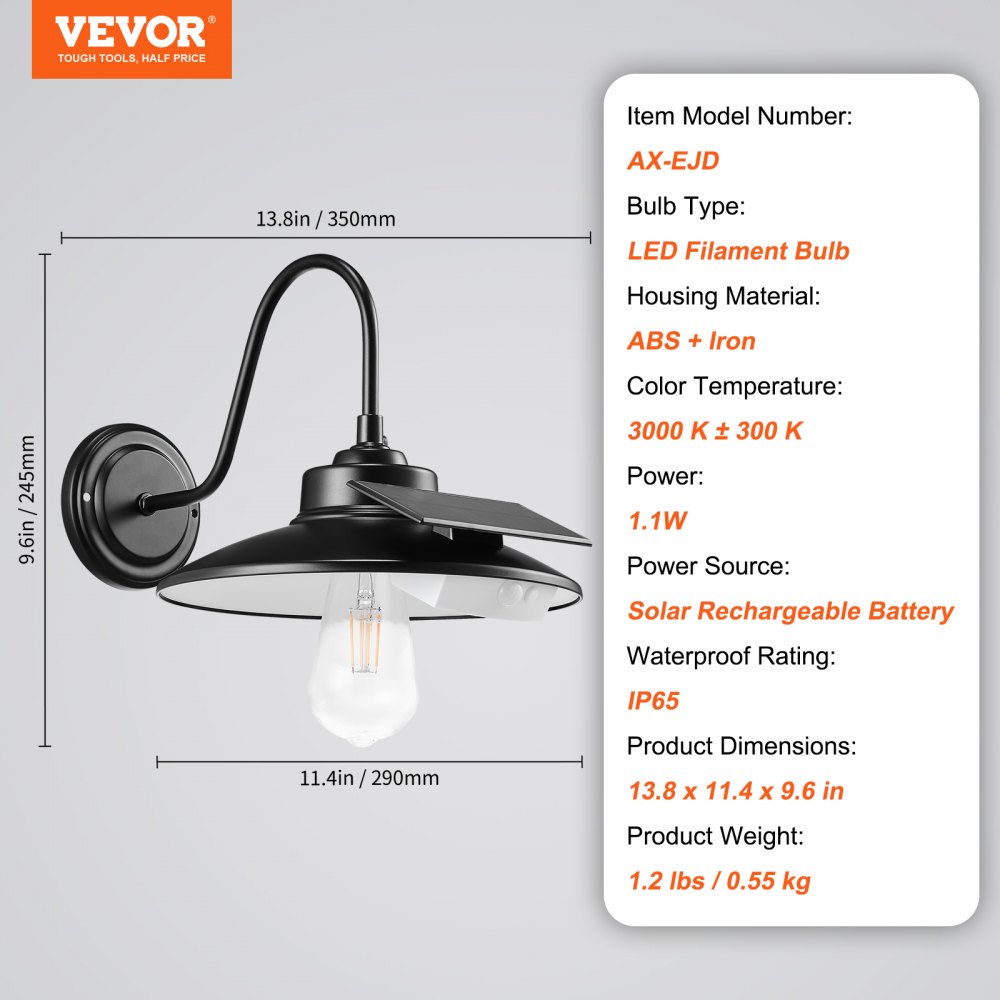 VEVOR Solar Barn Light, 3 Lighting Modes & Motion Sensor, Dusk to Dawn Outdoor Wall Sconces, Exterior Farmhouse Gooseneck Lights, Wall Mount, IP65 Waterproof for Outside Yard Street Garage Shed Patio