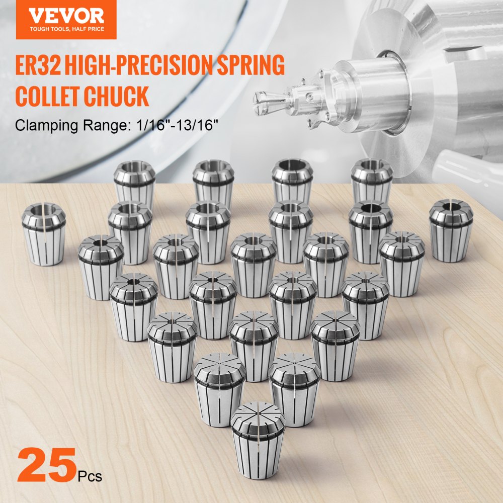 VEVOR 25 pcs ER32 Collet Set, 1/16''-13/16'', ER32 Spring Collet Chuck Set, 0.0006"/15 μm TIR Lathe Chuck Tool with 25 Labeled Storage Boxes, for CNC Engraving Machine Milling Lathe Tool Drill Press